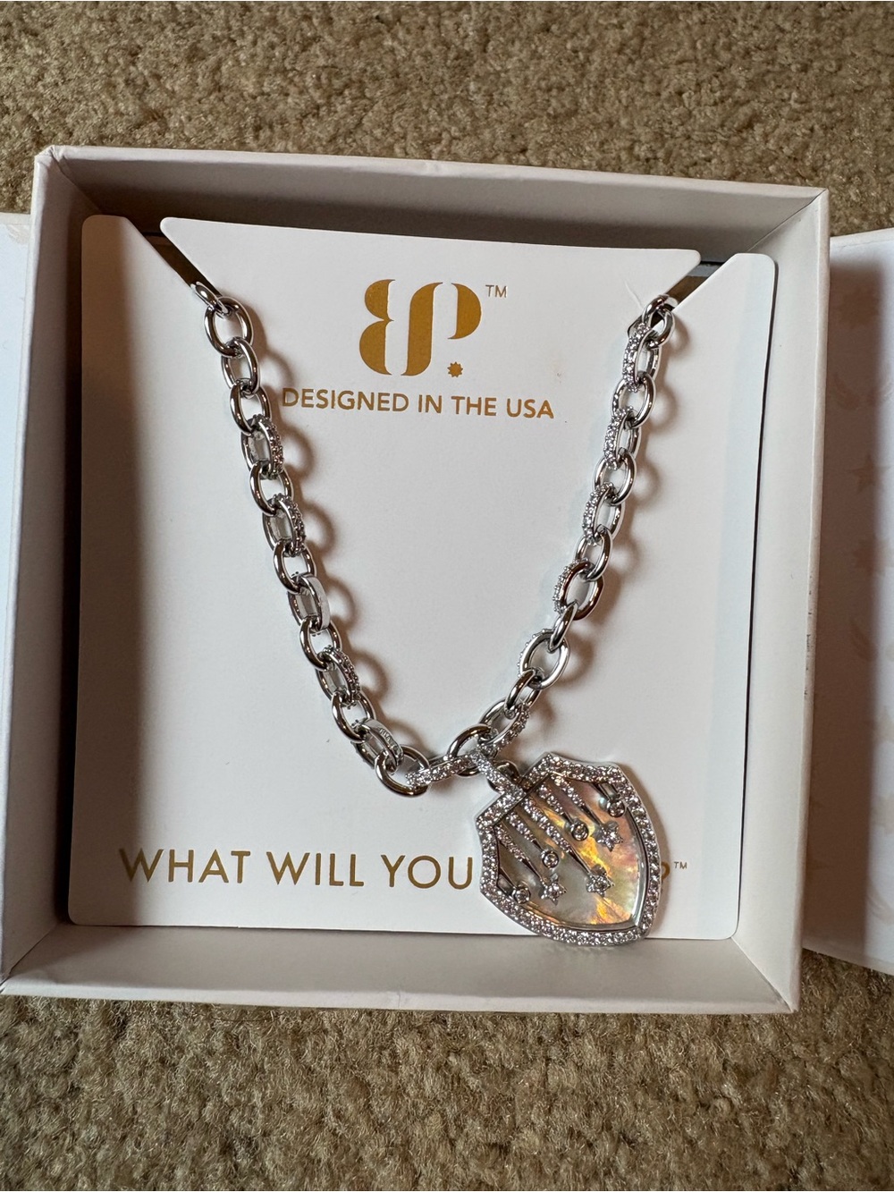 Shield Crystal Pendant Necklace in Silver